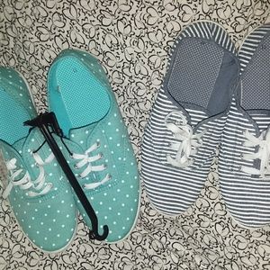 2 pairs tennis shoes 1 striped and 1 dots